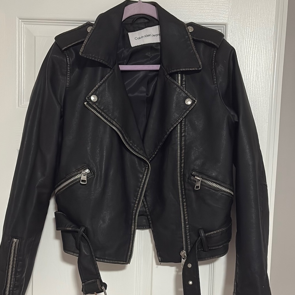 Calvin Klein Jeans Black Leather Moto Jacket with Asymmetrical Zipper